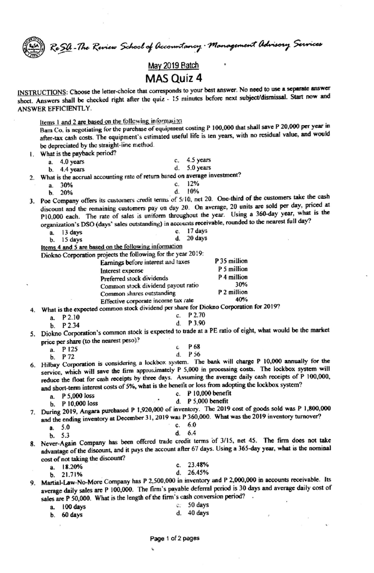 MAS-Quiz-4 (MANAGEMENT ACCOUNTING) - BS accountancy - Studocu