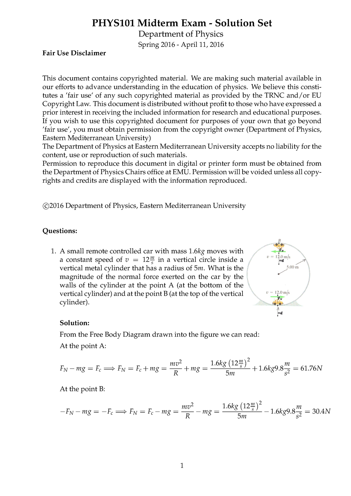 Midterm Spring 2016 0411 Sol - PHYS101 Midterm Exam - Solution Set ...