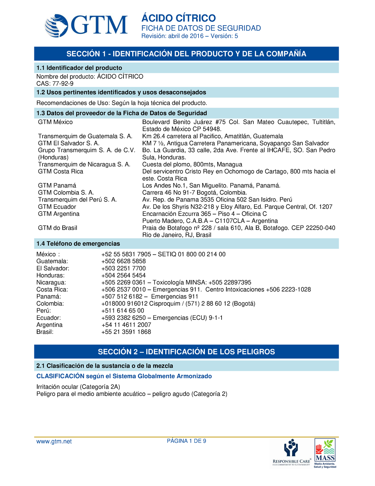 Ácido cítrico - Información sobre la seguridad química