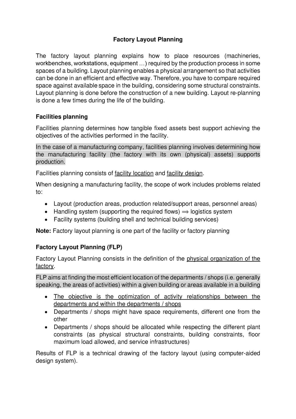 2. Factory Layout Planning - Factory Layout Planning The Factory Layout 