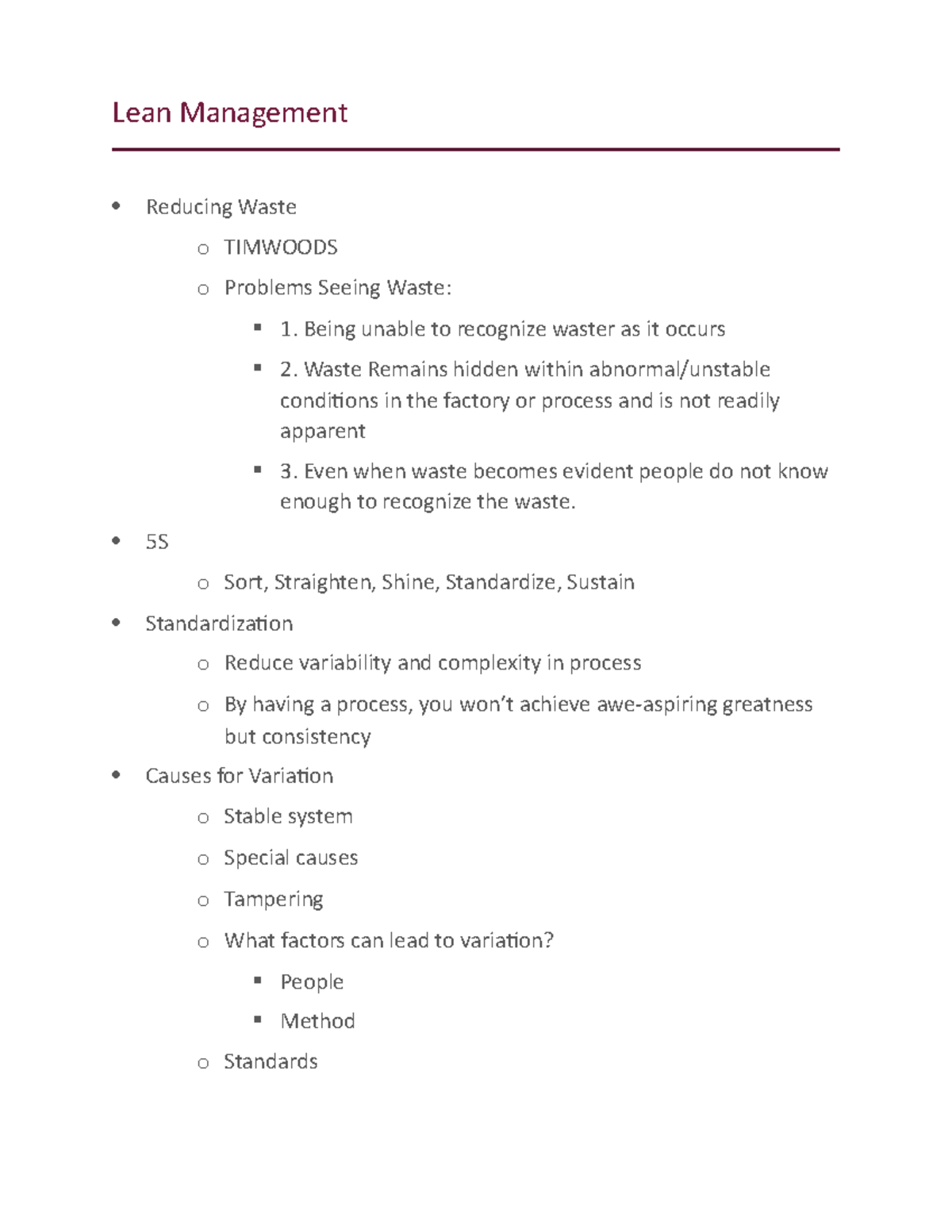 Lean Management Notes - Lean Management Reducing Waste o TIMWOODS o ...