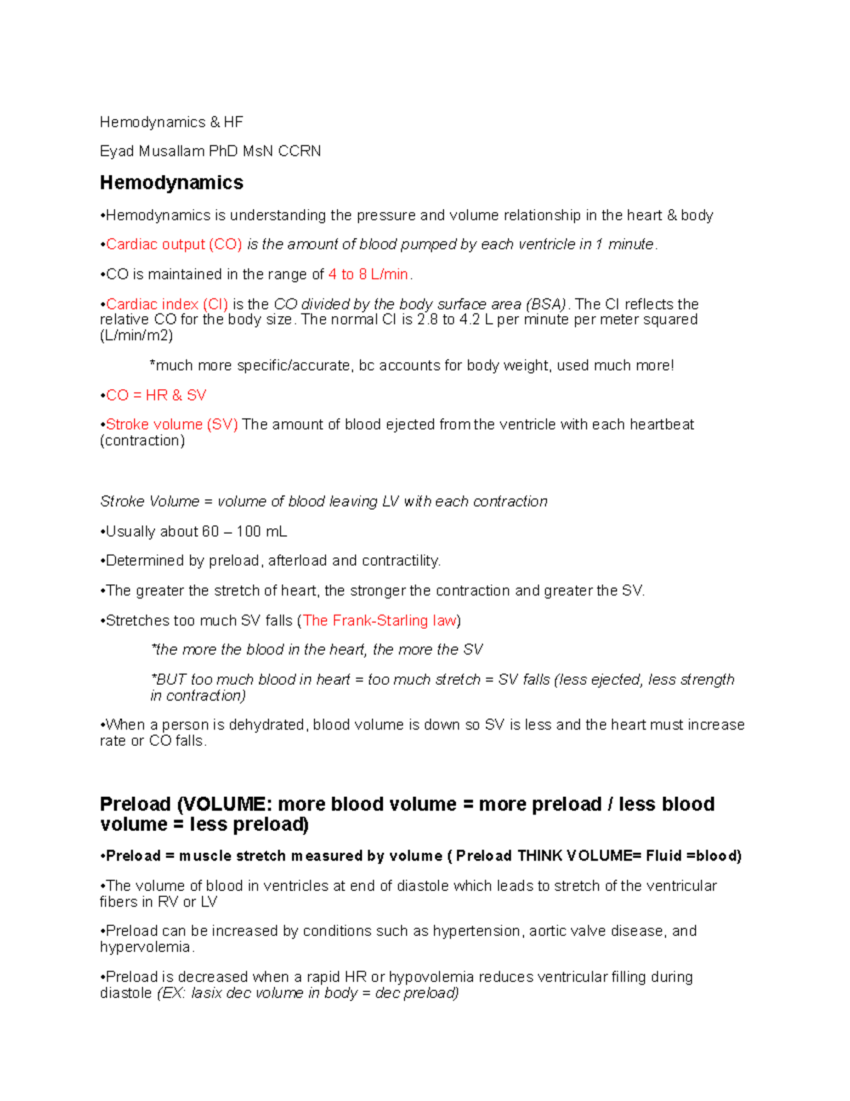 Hemodynamics and HF - lecture notes - Hemodynamics & HF Eyad Musallam ...