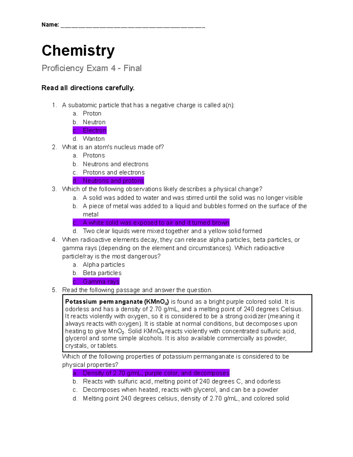 Student Chemistry Proficiency Exam 4 Review - Name