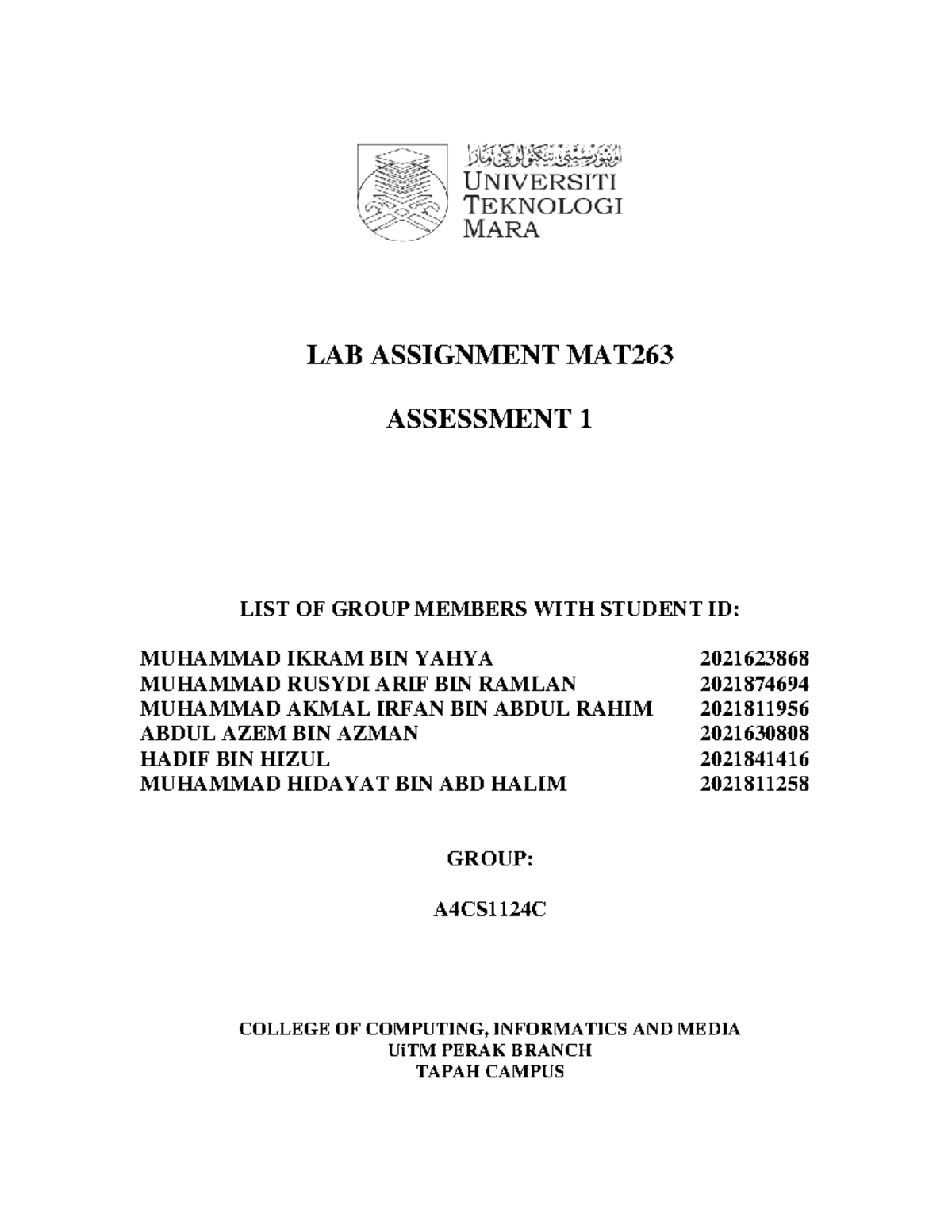 Asessment 1 MAT263 LAB ASSIGNMENT MAT ASSESSMENT 1 LIST OF GROUP