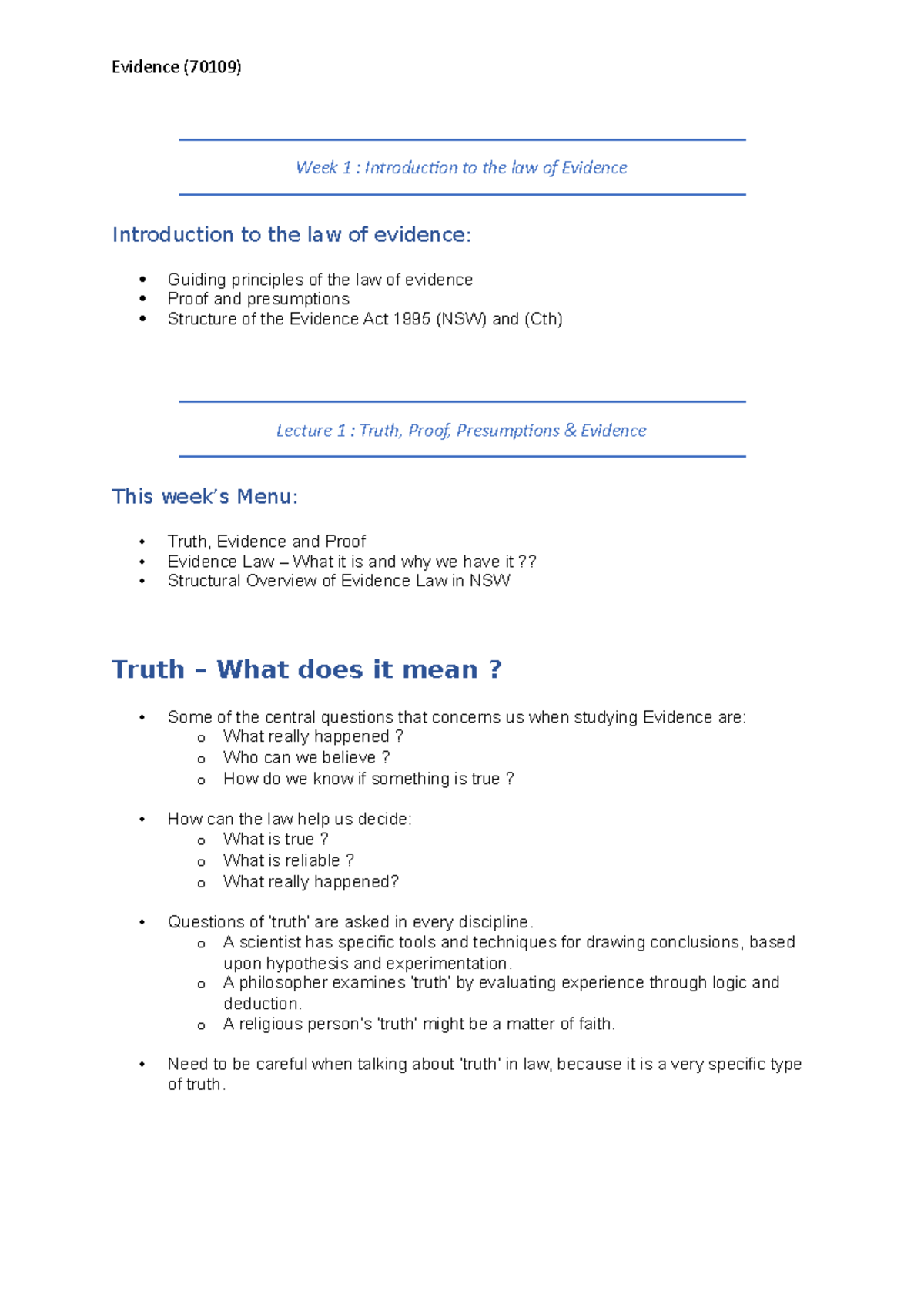 Week 1 - Introduction To The Law Of Evidence - Week 1 : Introduction To ...