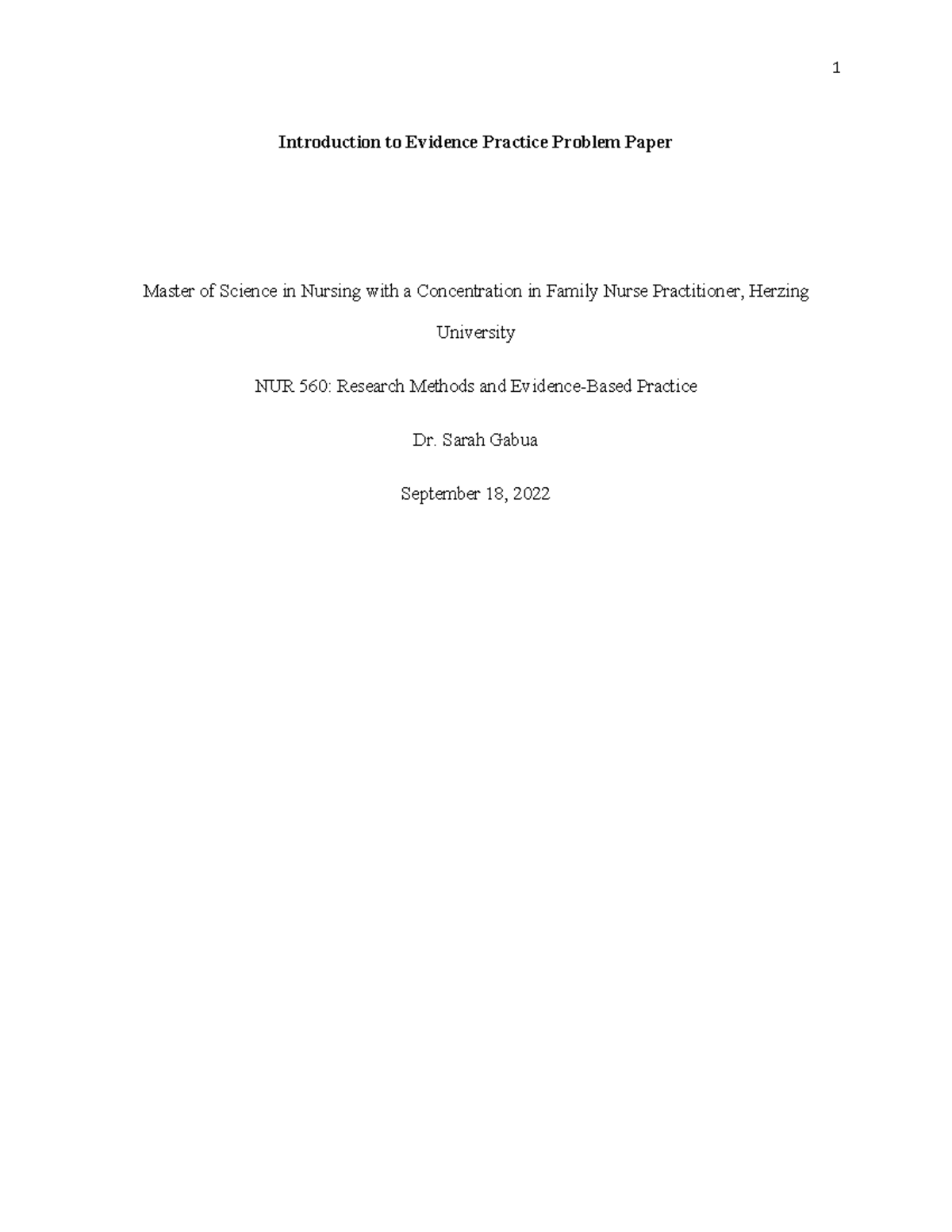 NUR560 EPPP - essay - Introduction to Evidence Practice Problem Paper ...