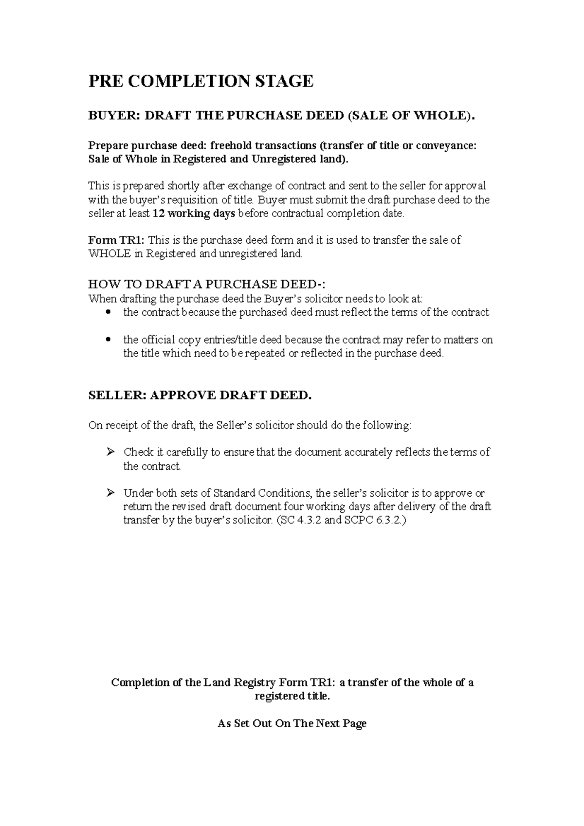 Purchasedeed - LPC Notes - PRE COMPLETION STAGE BUYER: DRAFT THE ...