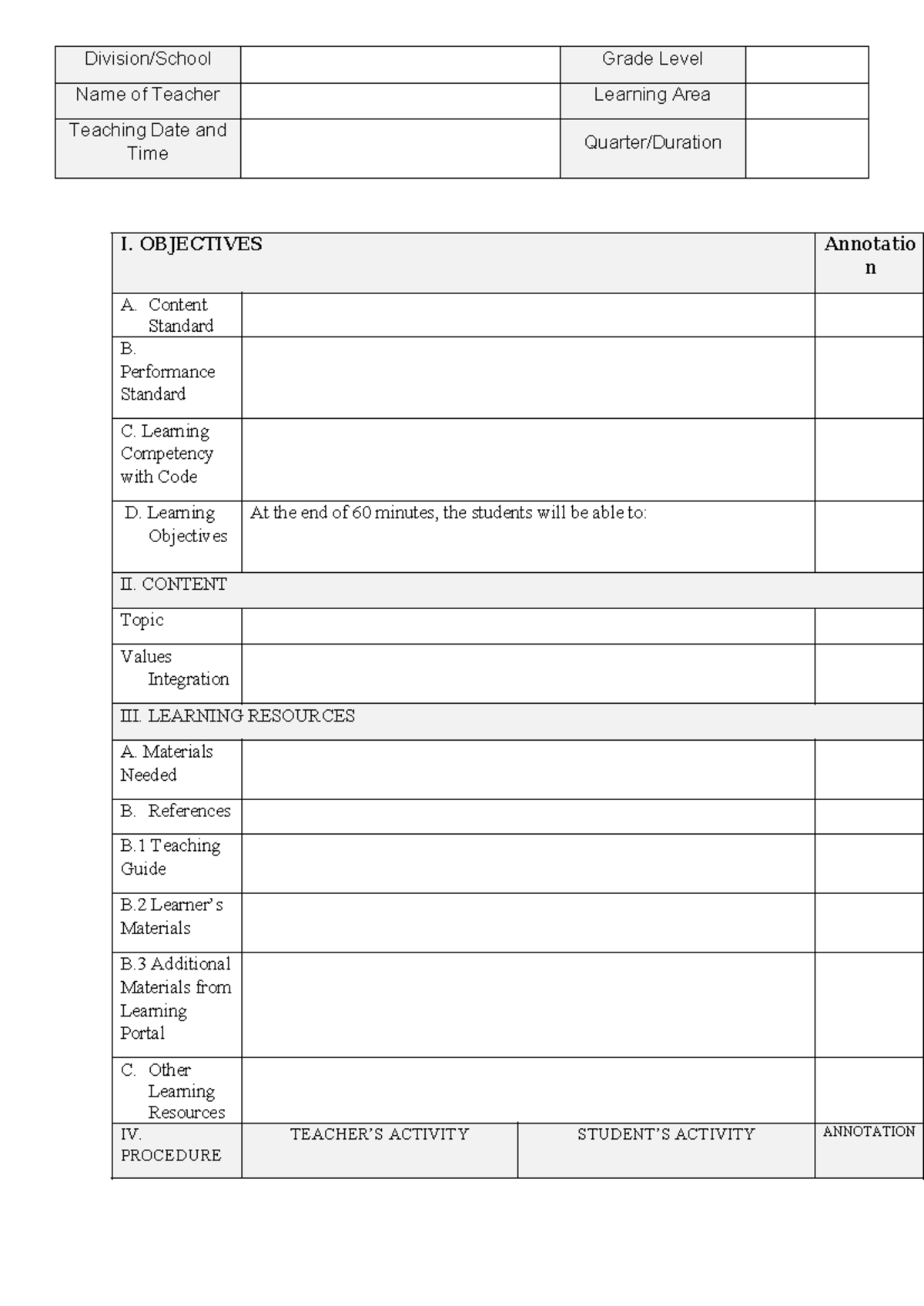 Lesson-Plan-template - I. OBJECTIVES Annotatio n A. Content Standard B ...