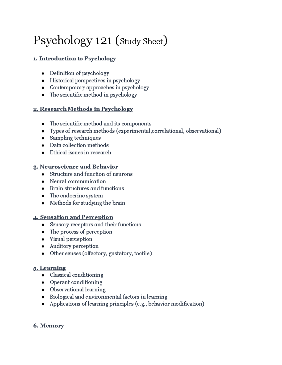 PSY-121 (Study sheet) - Instructor: Lisa Poon - Psychology 121 (Study ...