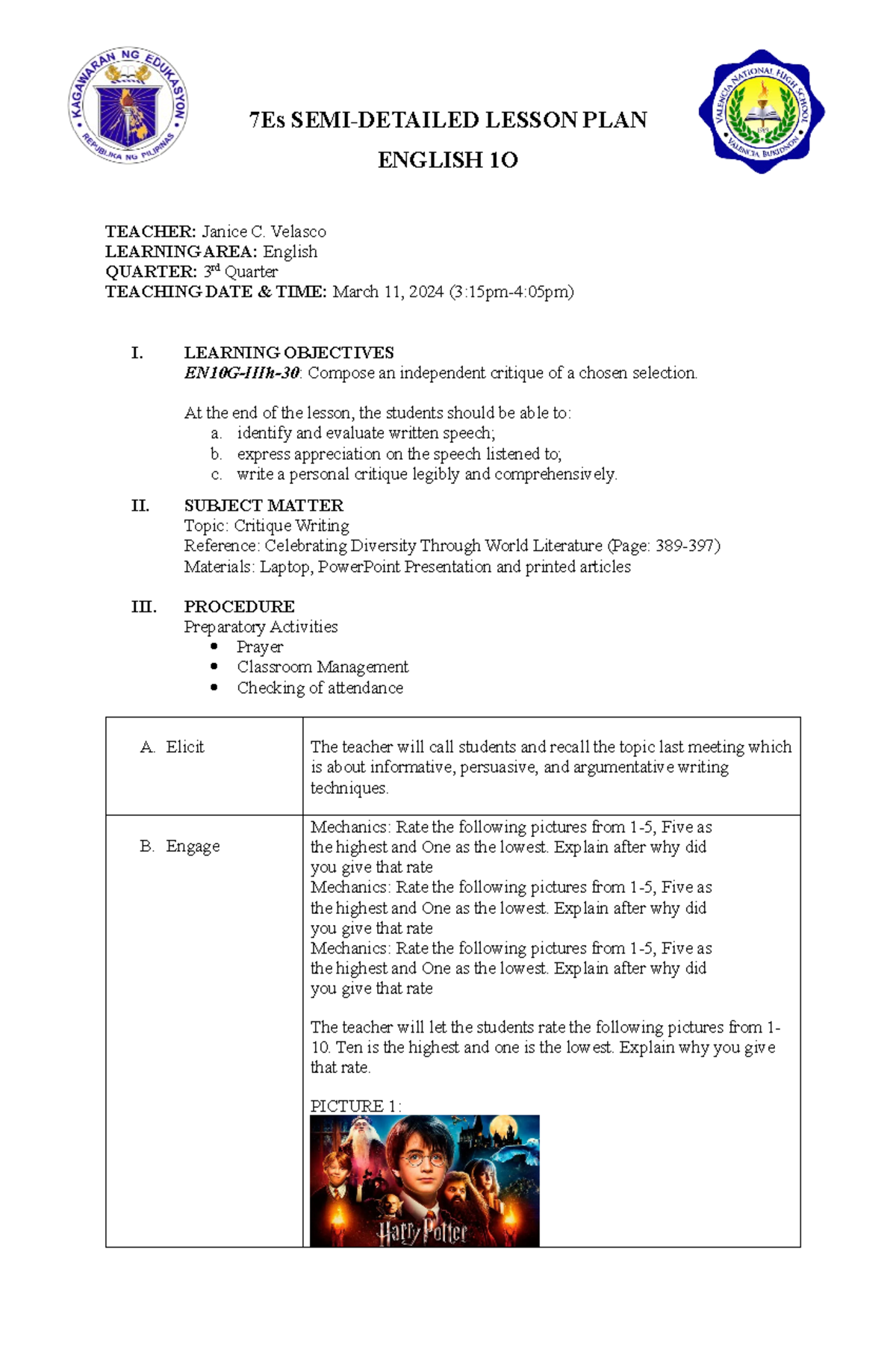 G10 LP FOR DEMO - 7Es SEMI-DETAILED LESSON PLAN ENGLISH 1O TEACHER ...