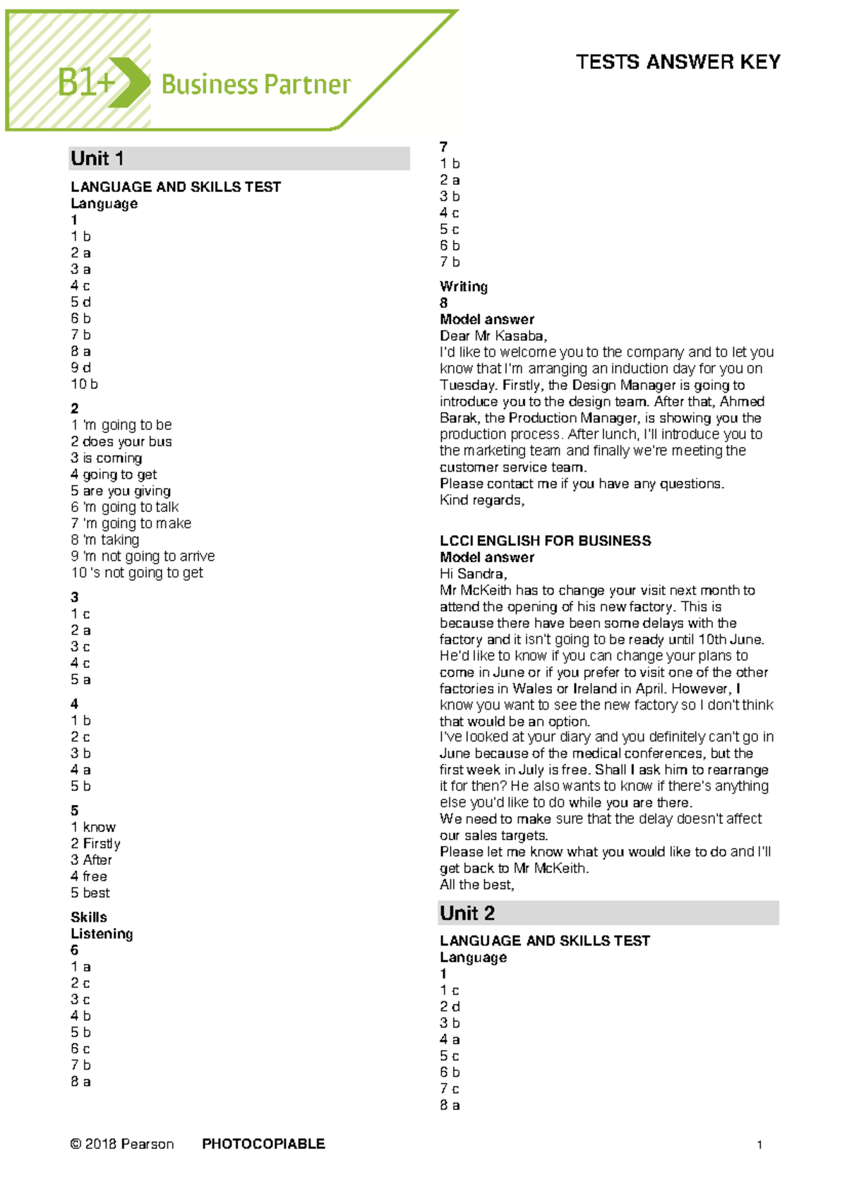 Answer KEY - tiếng anh - Unit 1 LANGUAGE AND SKILLS TEST Language 1 1 b ...
