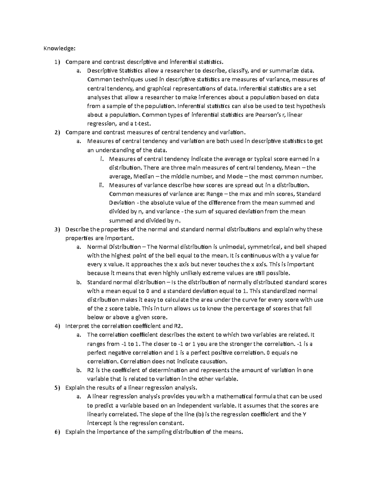 Fianl Exam Study Guide - Knowledge: 1) Compare and contrast descriptive ...