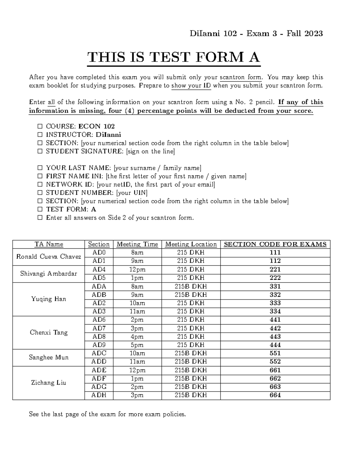 23-24 Fall 102 Exam 3A - practice exam - DiIanni 102 - Exam 3 - Fall ...