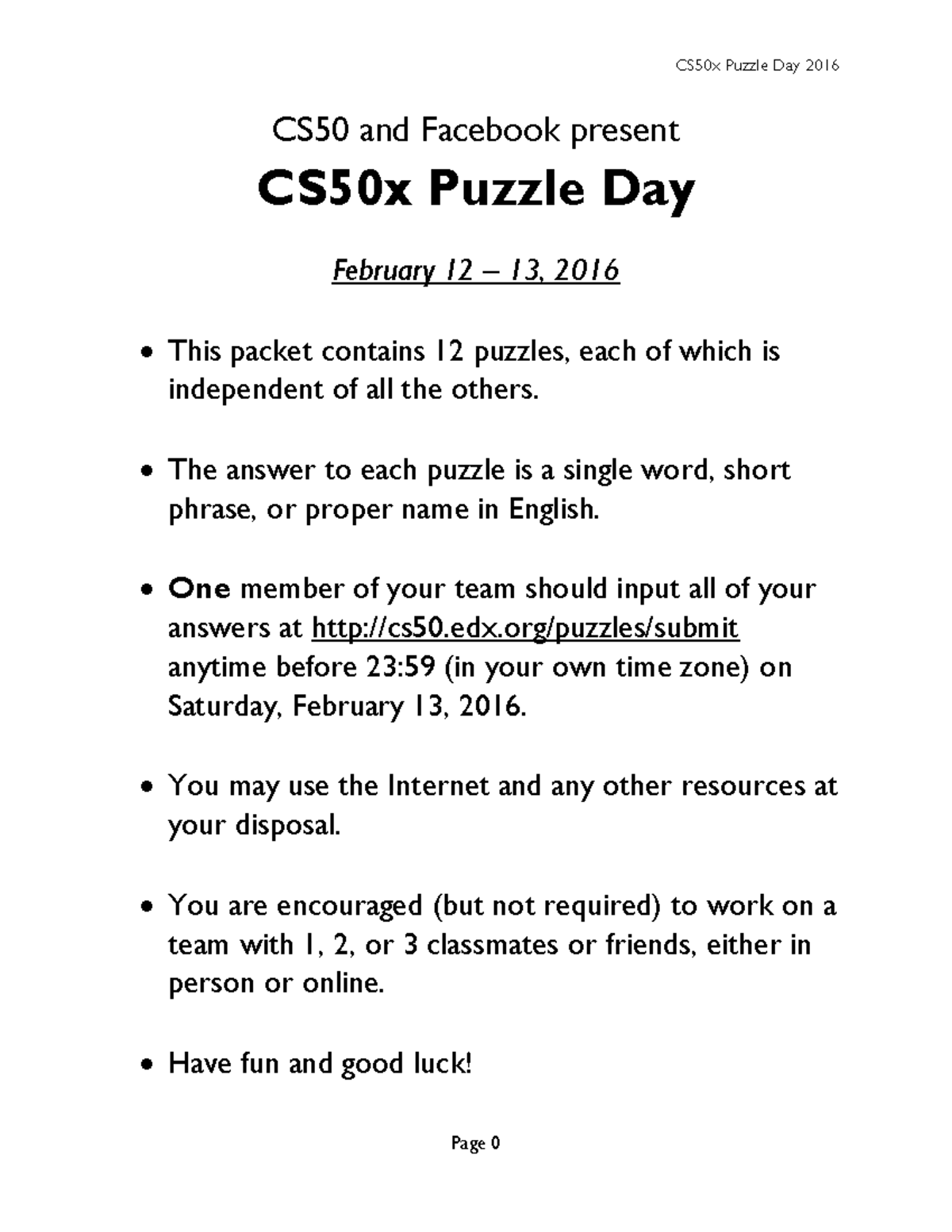 Packet of Puzzles for logical reasoning CS50 and Facebook present