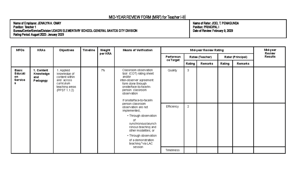 Appendix E - For teachers only - MID-YEAR REVIEW FORM (MRF) for Teacher ...