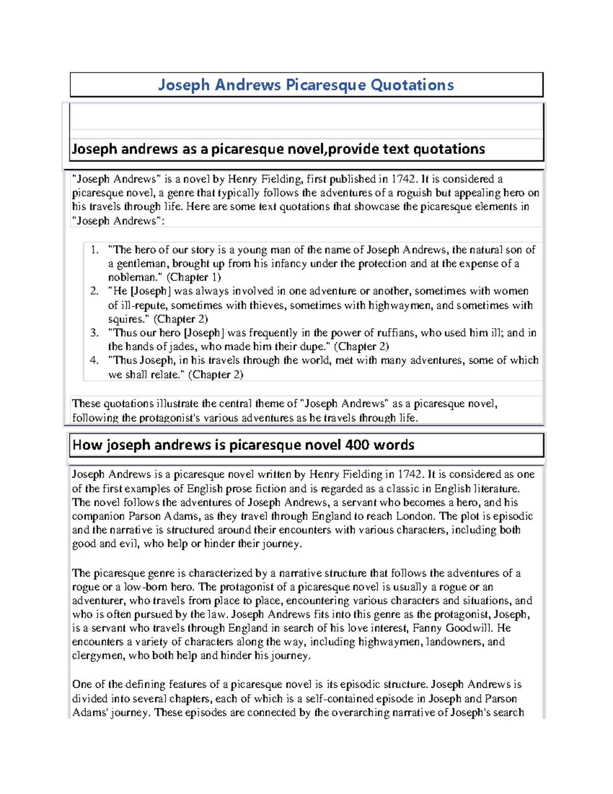 Document (6) Hrlp in course management Joseph Andrews Picaresque
