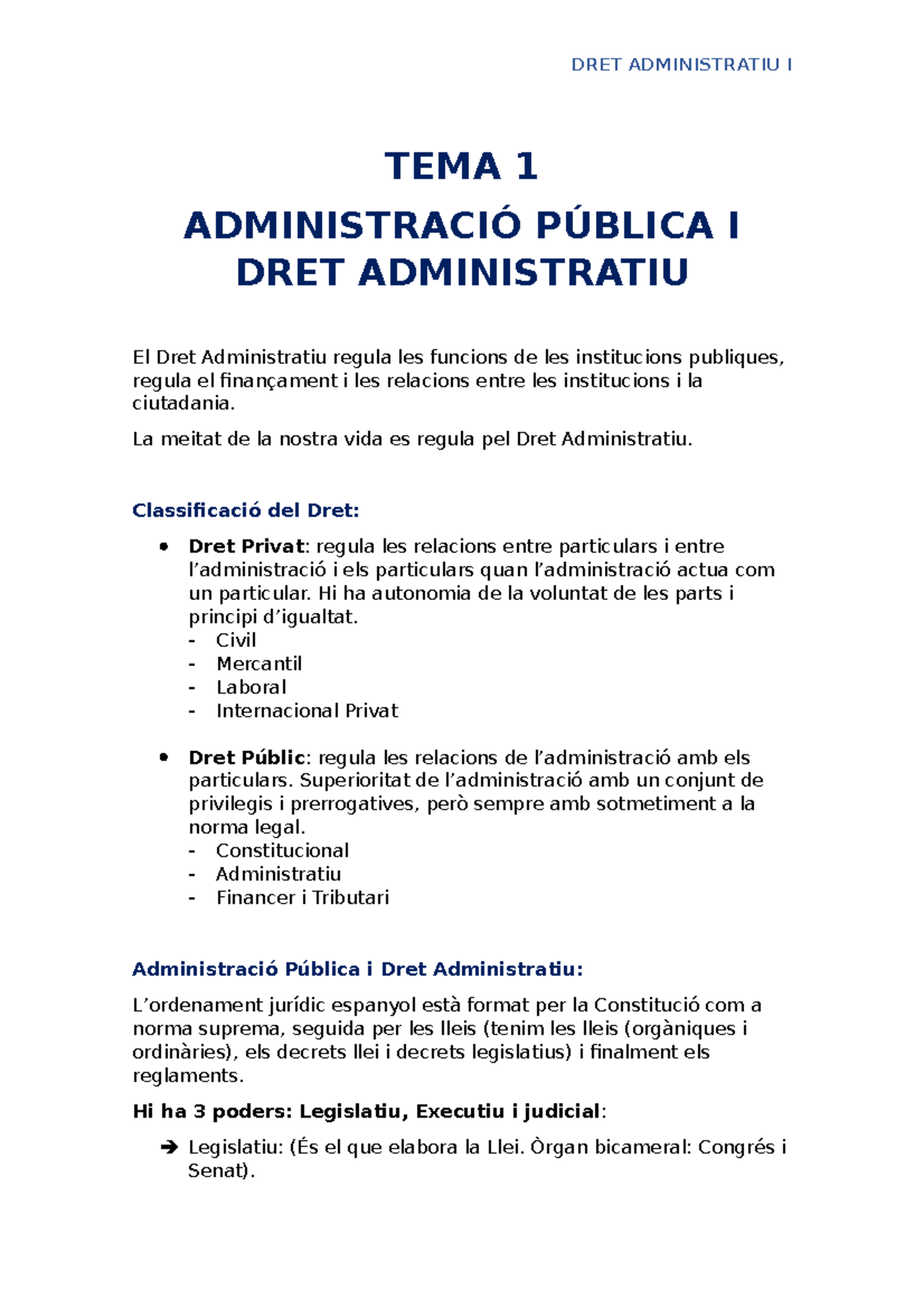 Temario Completo Derecho Administrativo I (UdG) - TEMA 1 ADMINISTRACIÓ ...