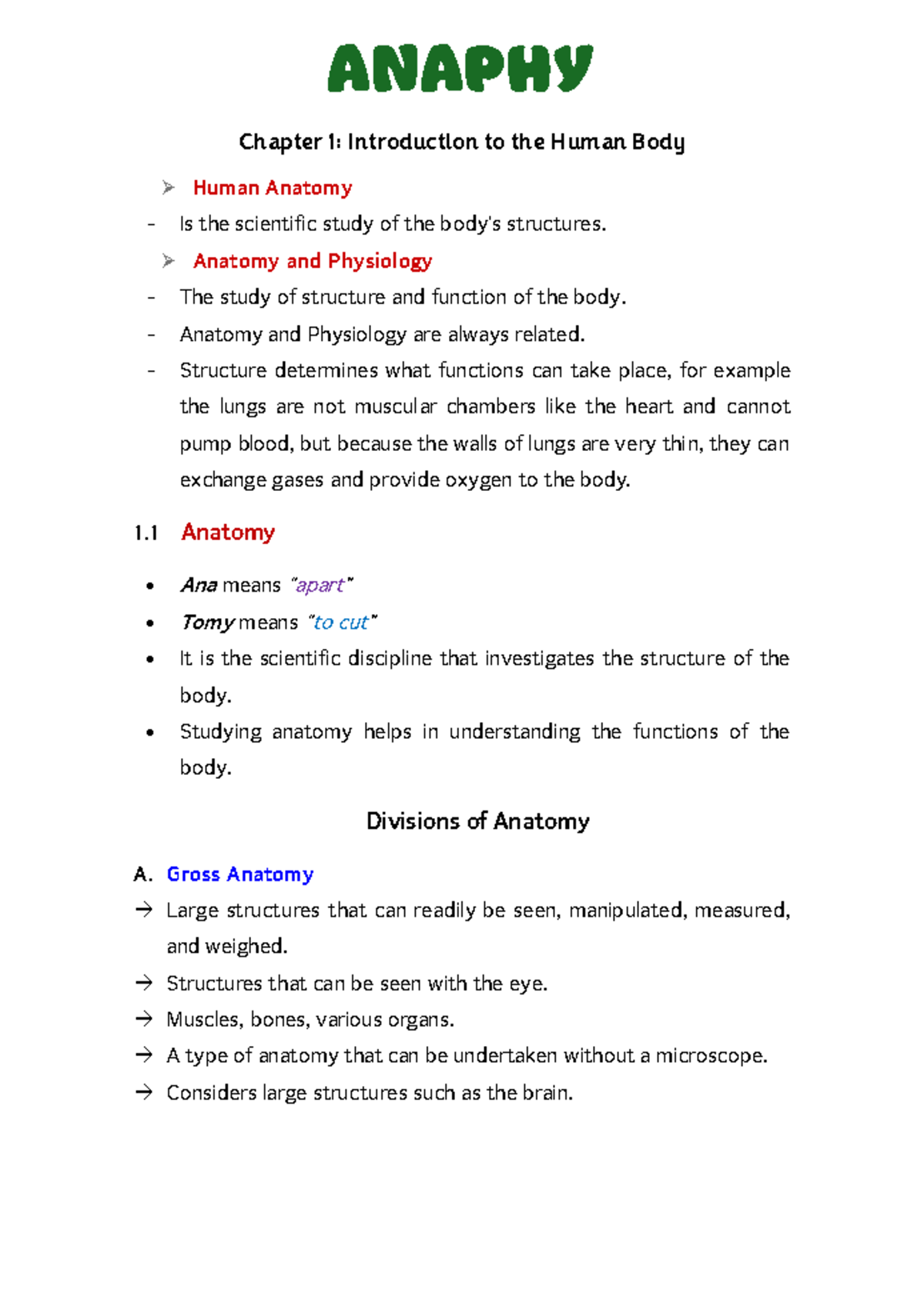 Anaphy Reviewers Chapter 1 - Chapter 1: Introduction To The Human Body ...