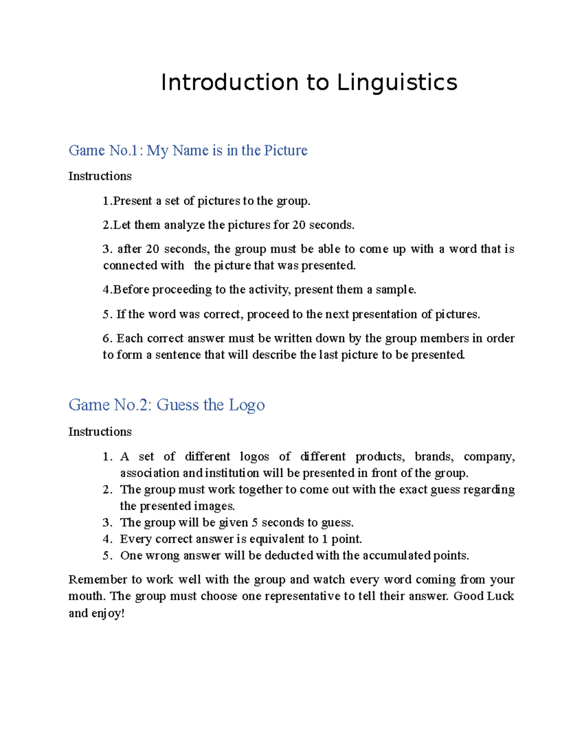 Introduction to Linguistics sample activities during classes