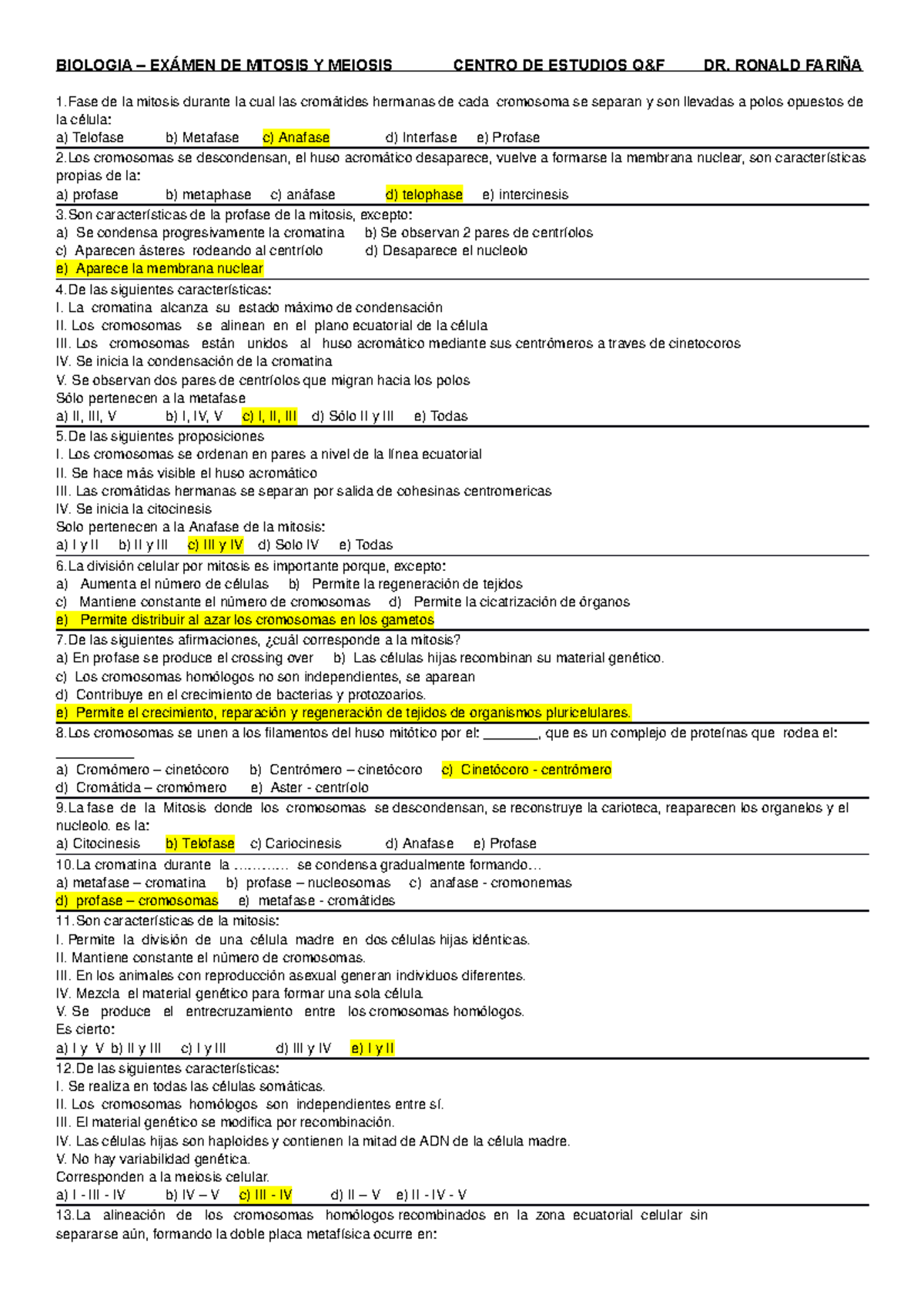 Examen De Mitosis Y Meiosis Studocu