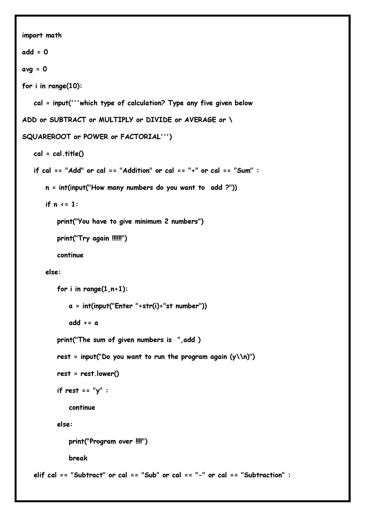 Calculator Program - Import Math Add = 0 Avg = 0 For I In Range(10 