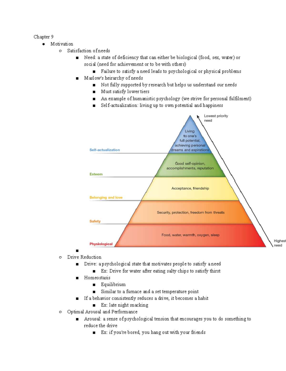 Fundamentals of psych Ch 9 - Chapter 9 Motivation Satisfaction of needs ...