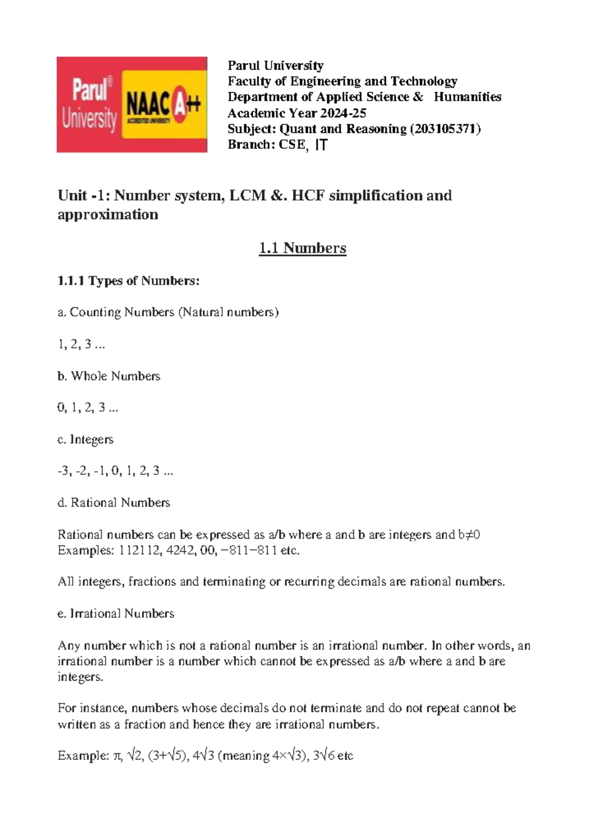 Unit-1 qr - QR ch 1 notes. - Parul University Faculty of Engineering ...