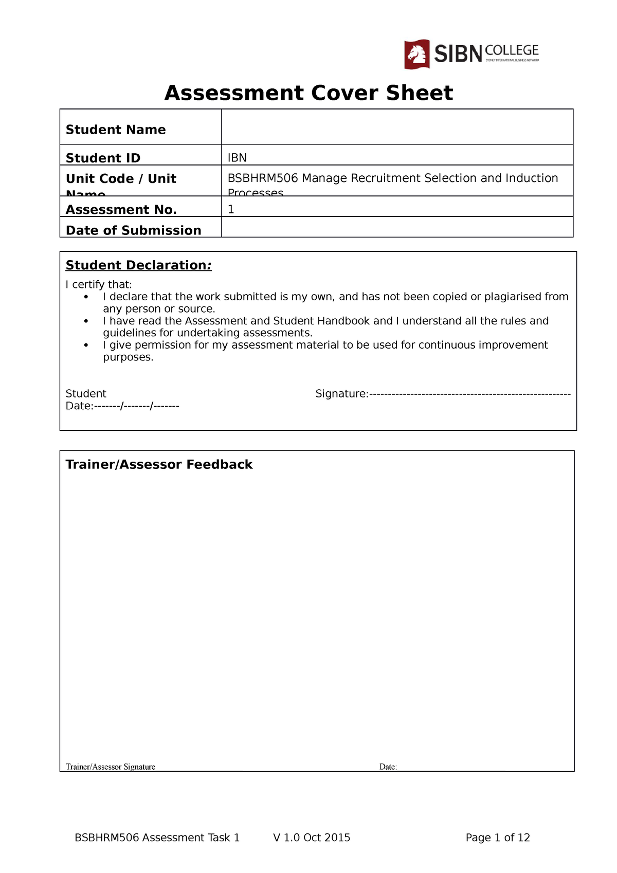 Bsbhrm 506 - Assessment Task 1 V1 - Assessment Cover Sheet Student Name ...