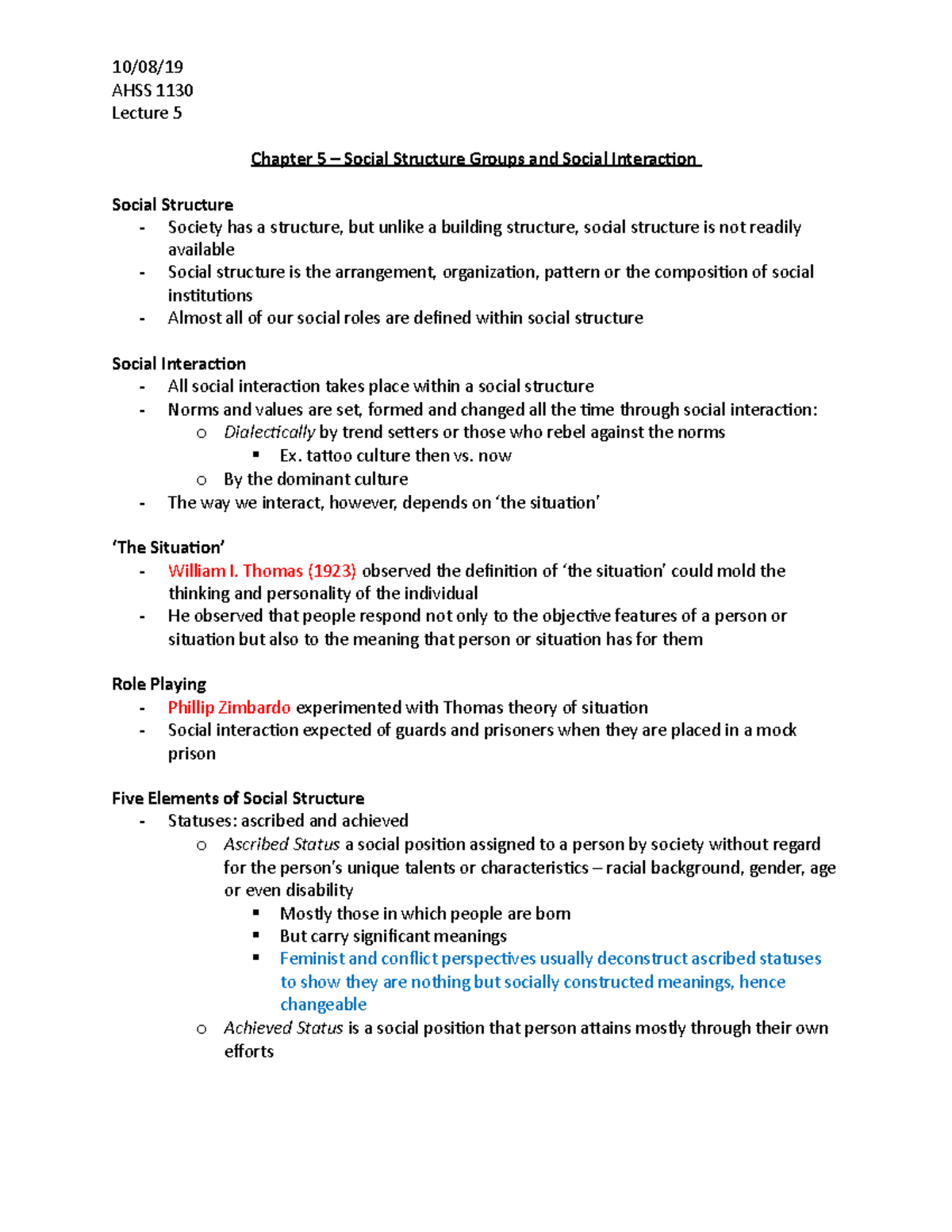 Week 5 - Chapter 5 - chap 5 notes - AHSS 1130 Lecture 5 Chapter 5 ...
