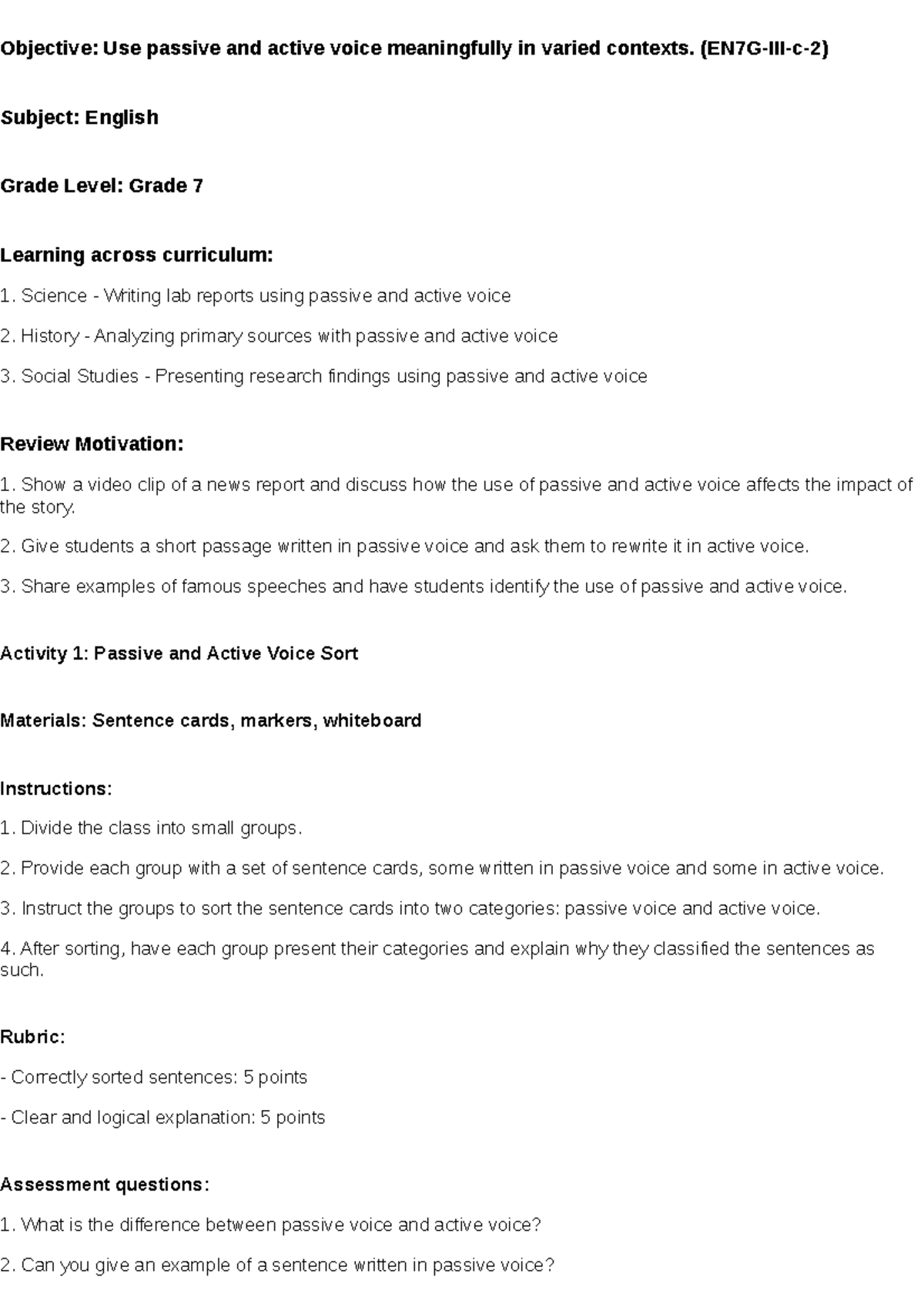 Lesson plan - hhhhhhhho bbfgn - Objective: Use passive and active voice ...