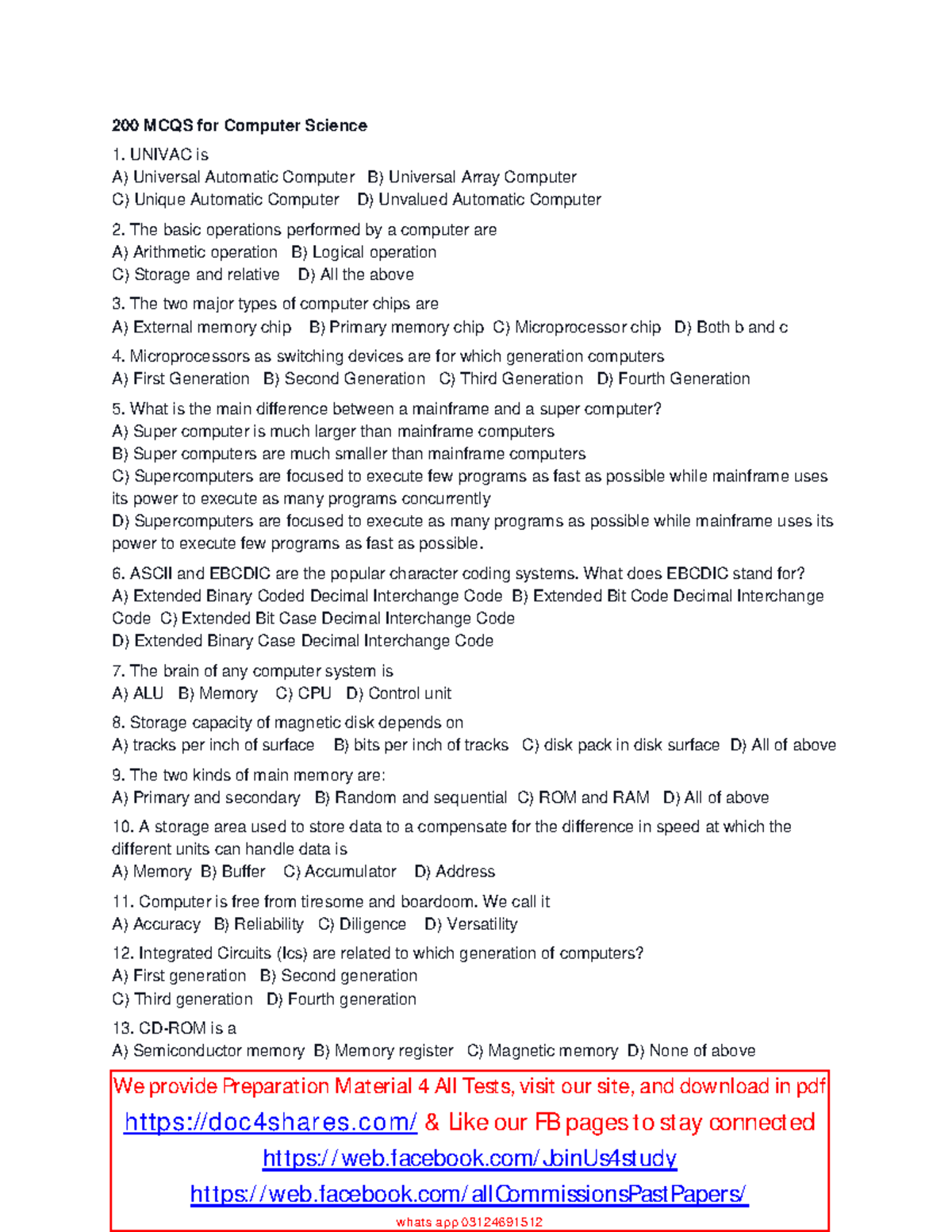 Computer Science question - 200 MCQS for Computer Science UNIVAC is A ...