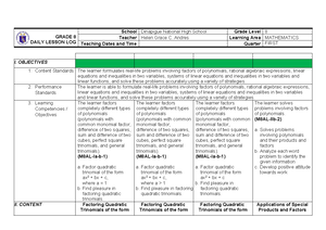 Lesson Plan for Mathematics 8 - GRADE 8 DAILY LESSON LOG School Grade ...