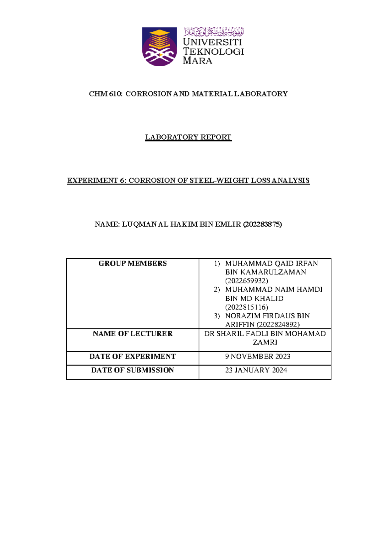 CHM 610 exp6 - CHM 610: CORROSION AND MATERIAL LABORATORY LABORATORY ...