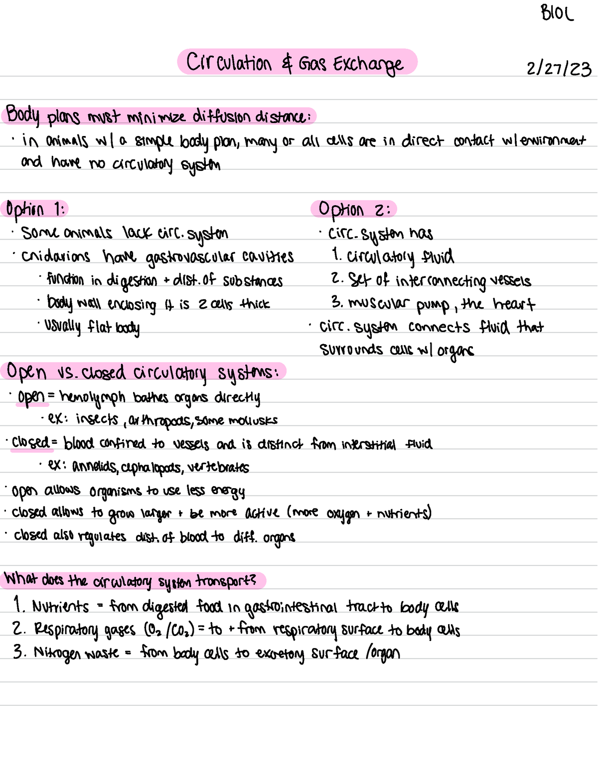 Biol 102 circulation and gas exchange - ####### BIOL Circulation & Gas ...