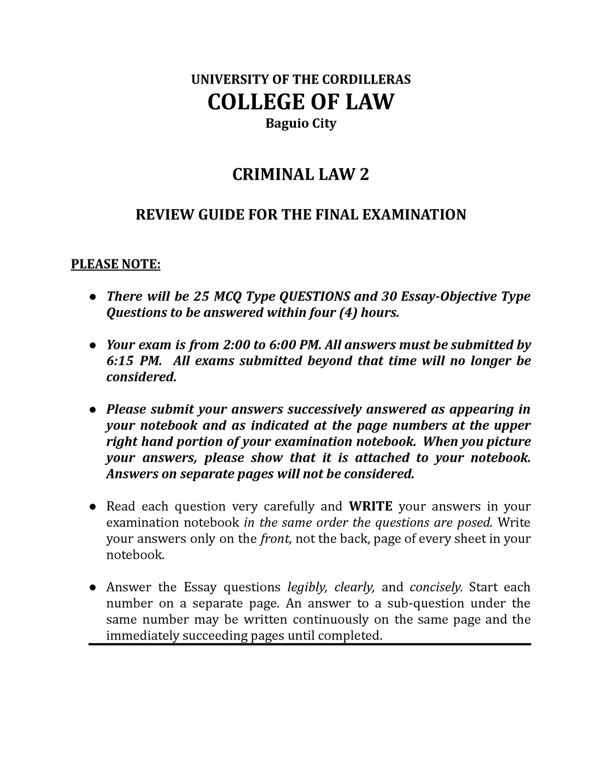 criminal law review notes - UNIVERSITY OF THE CORDILLERAS COLLEGE OF ...