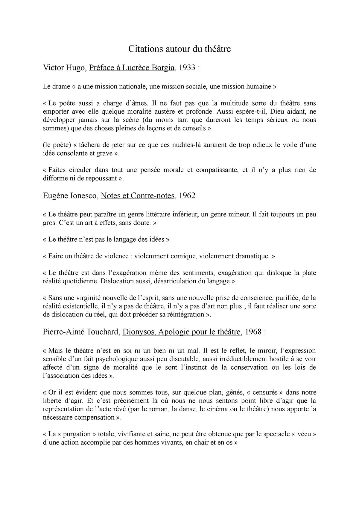 Citations Theatre Notes De Cours 2 Citations Autour Du Theatre Victor Hugo Preface A Lucrece Studocu