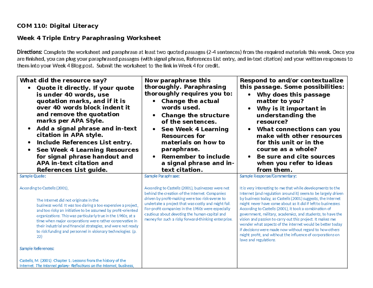 LSA W4 Triple Entry Paraphrasing Worksheet 09172023(1) - COM 110 ...