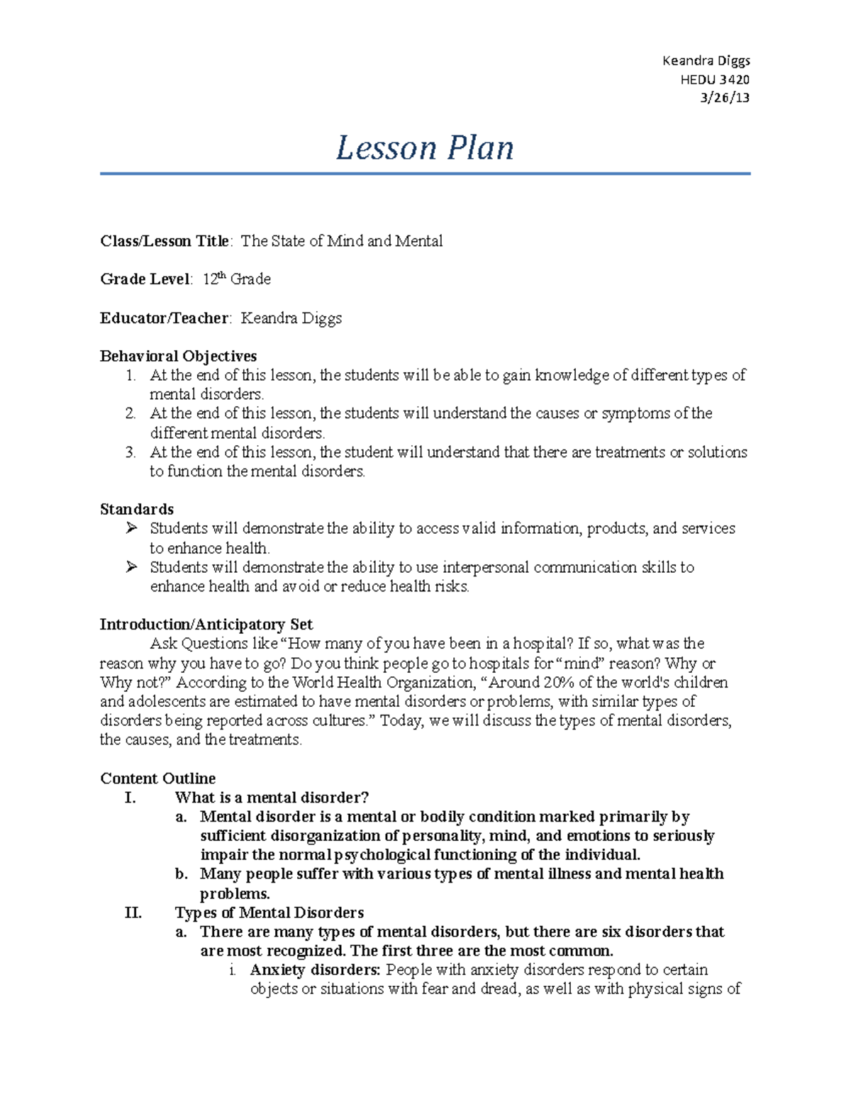 Lesson Plan_HEDU 3420 - HEDU 3420 3/26/ Lesson Plan Class/Lesson Title ...