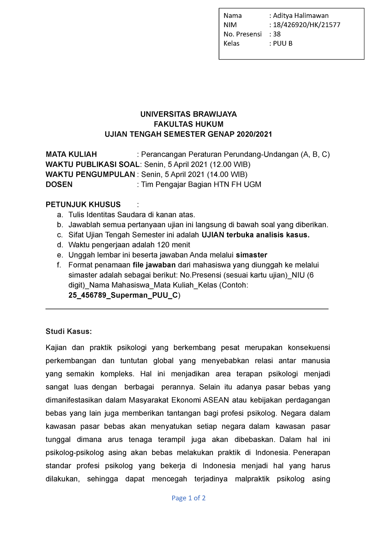 Soal UTS Perancangan Peraturan Perundang-Undangan B - UNIVERSITAS ...