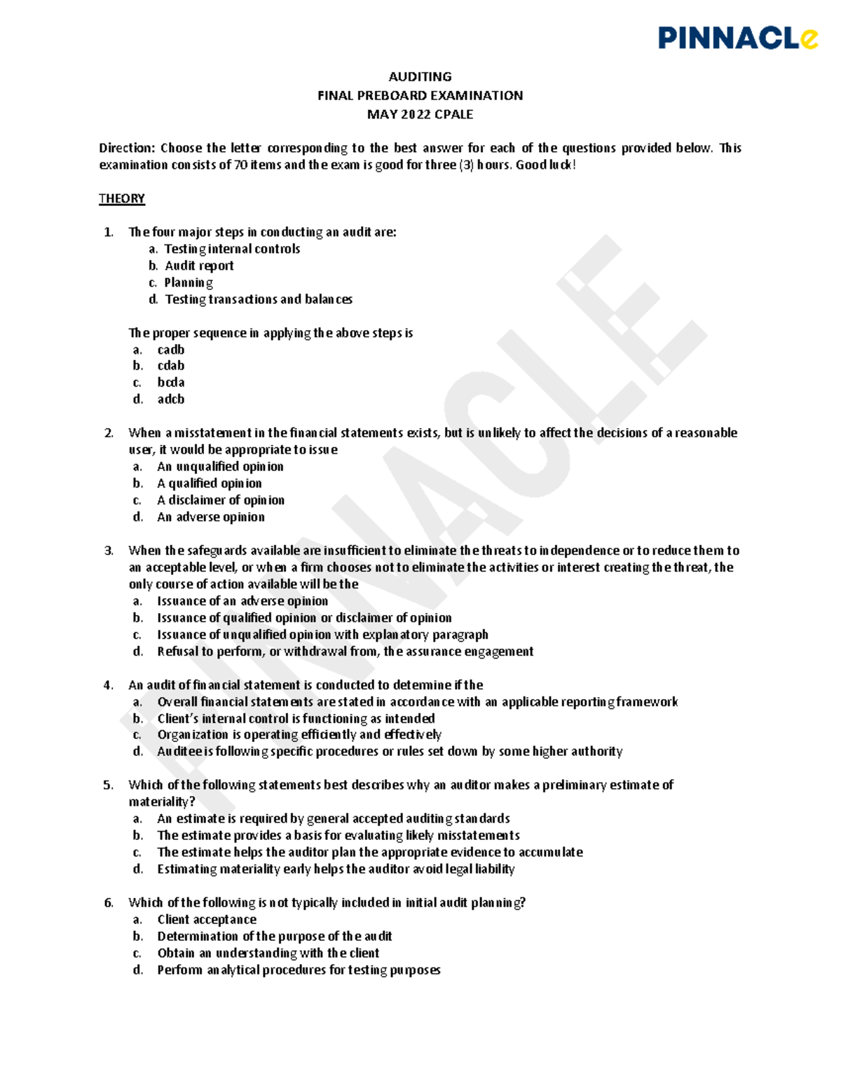 Pinnacle aud final preboard exam may 2022 cpale auditing final