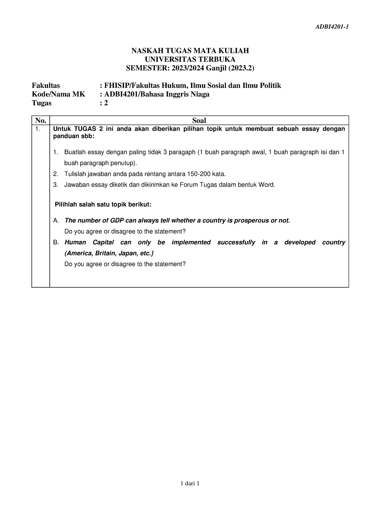 Soal Adbi4201 Tmk2 1 - Edzrxrxr - ADBI4201- 1 1 Dari 1 NASKAH TUGAS ...