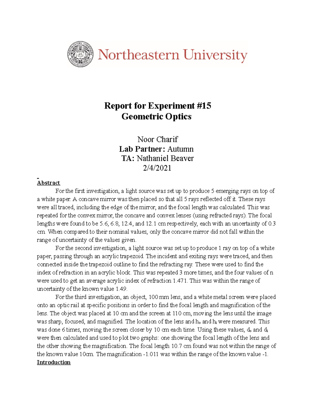 Report for Experiment 15 Report for Experiment Geometric Optics Noor