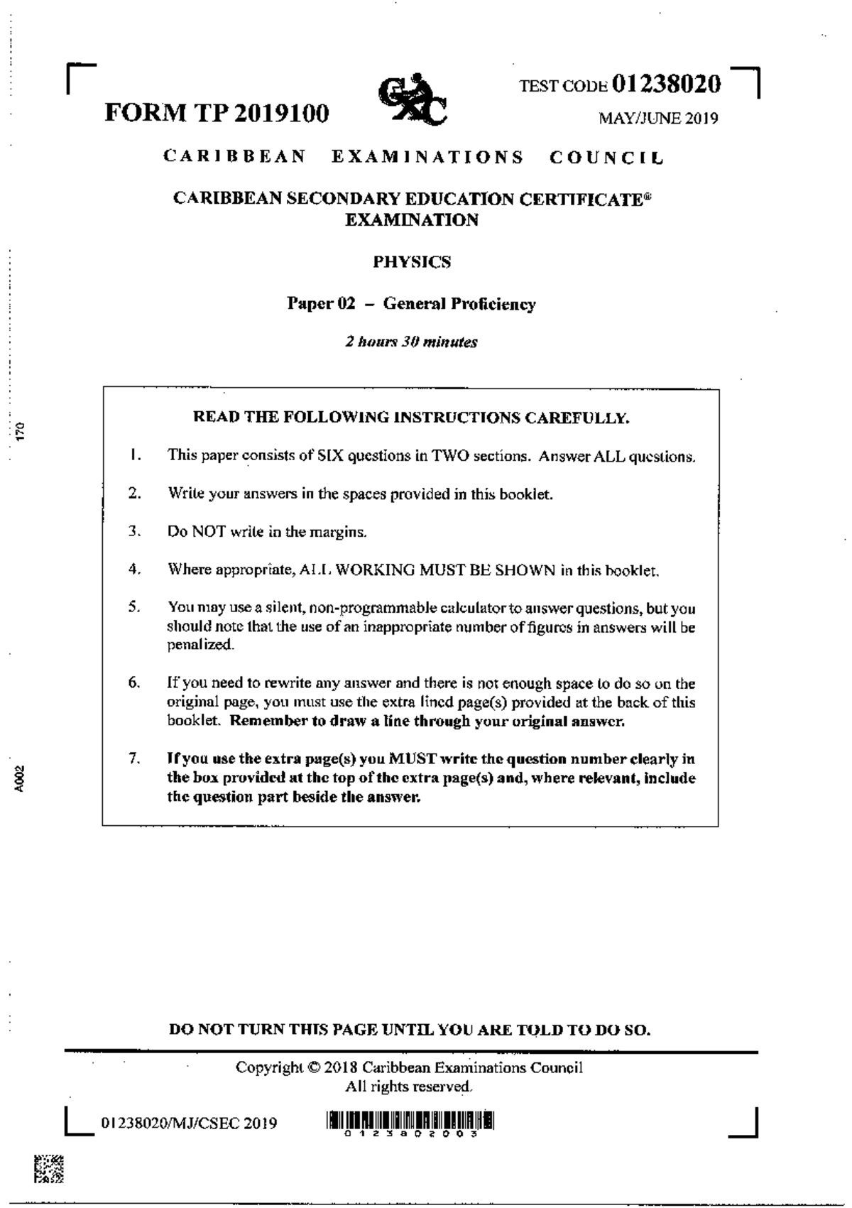 CSEC Physics P2 2019 - GOOD - TEST CODE 01238020 FORM TP 2019100 2019 ...