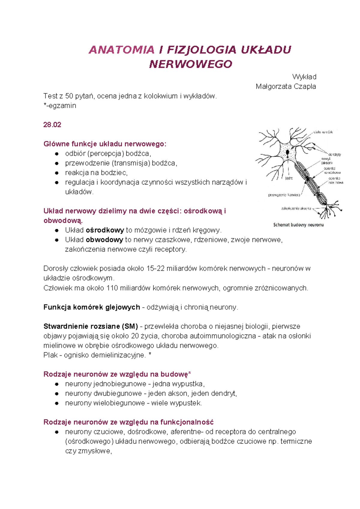 Anatomia i fizjologia układu nerwowego - ANATOMIA I FIZJOLOGIA UKŁADU