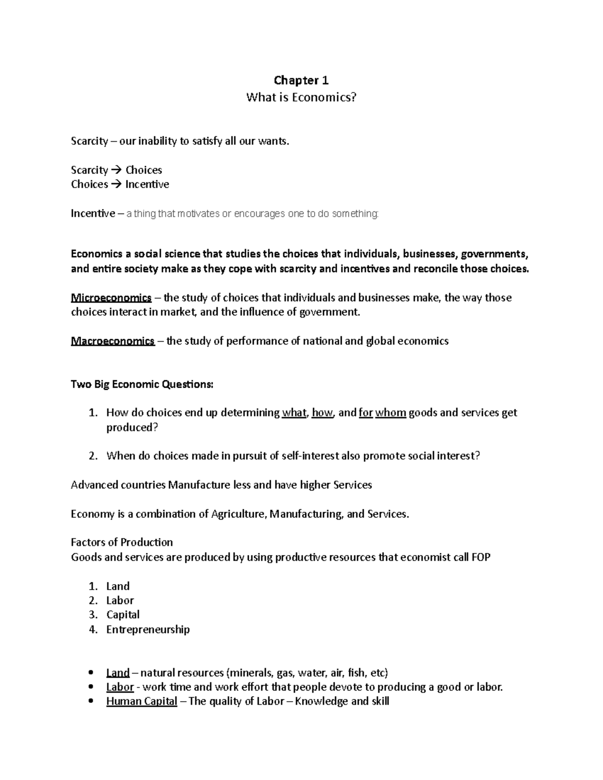 Chapter 1 - Micro - Lecture notes 1 - Chapter 1 What is Economics ...
