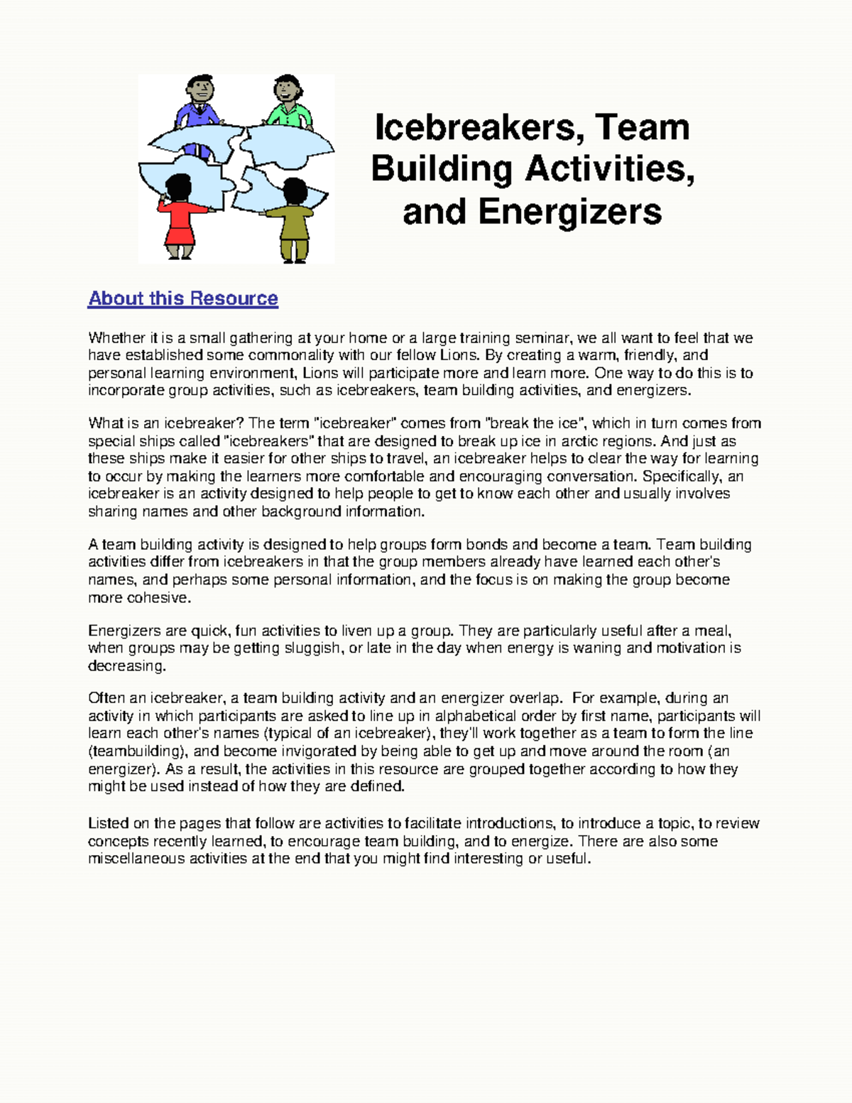 Icebreakers, Teambuilding Activities, Energizers - About this Resource  Whether it is a small - Studocu