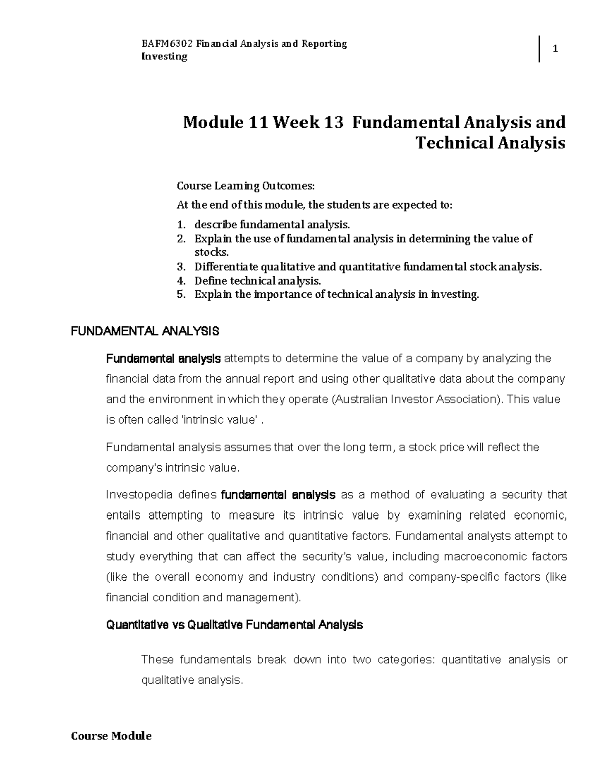 W13 Module 11 Fundamental Analysis AND Technical Analysis - BAFM6302 ...