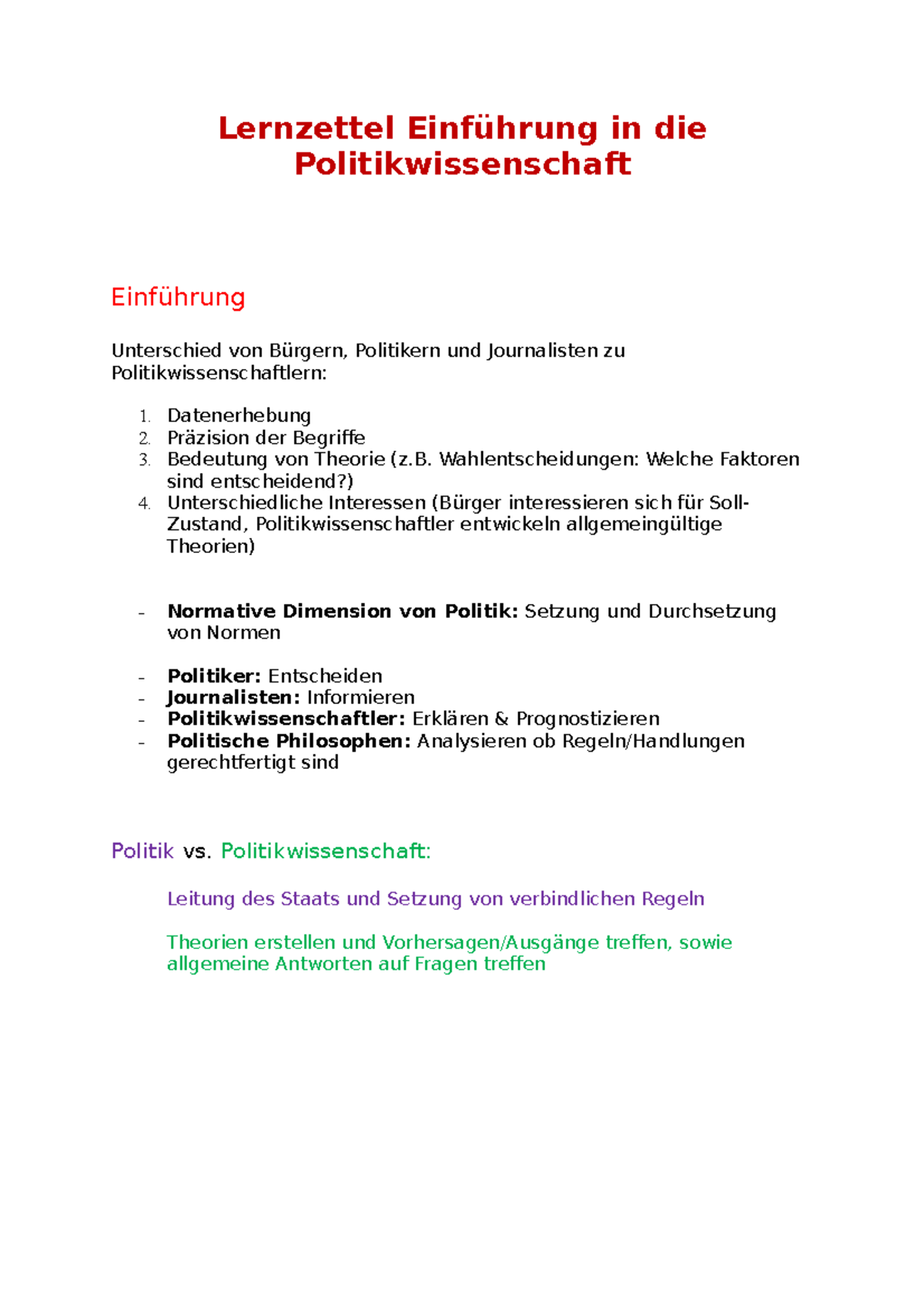 Einführung In Die Politikwissenschaft Lernzettel Einführung in die Politikwissenschaft - Uni Mainz - Studocu
