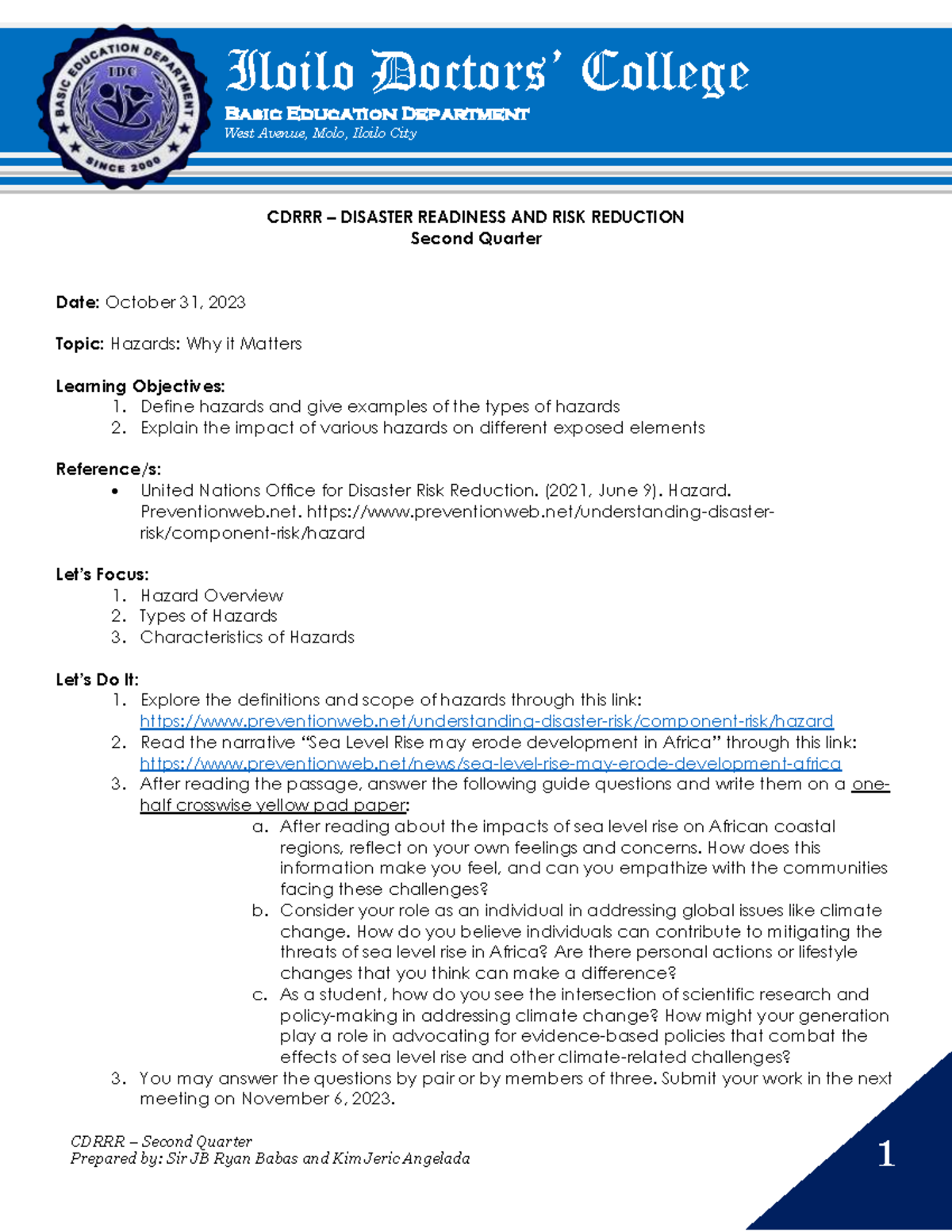 Module in DRRR Monday Group - 1 CDRRR – Second Quarter Prepared by: Sir ...