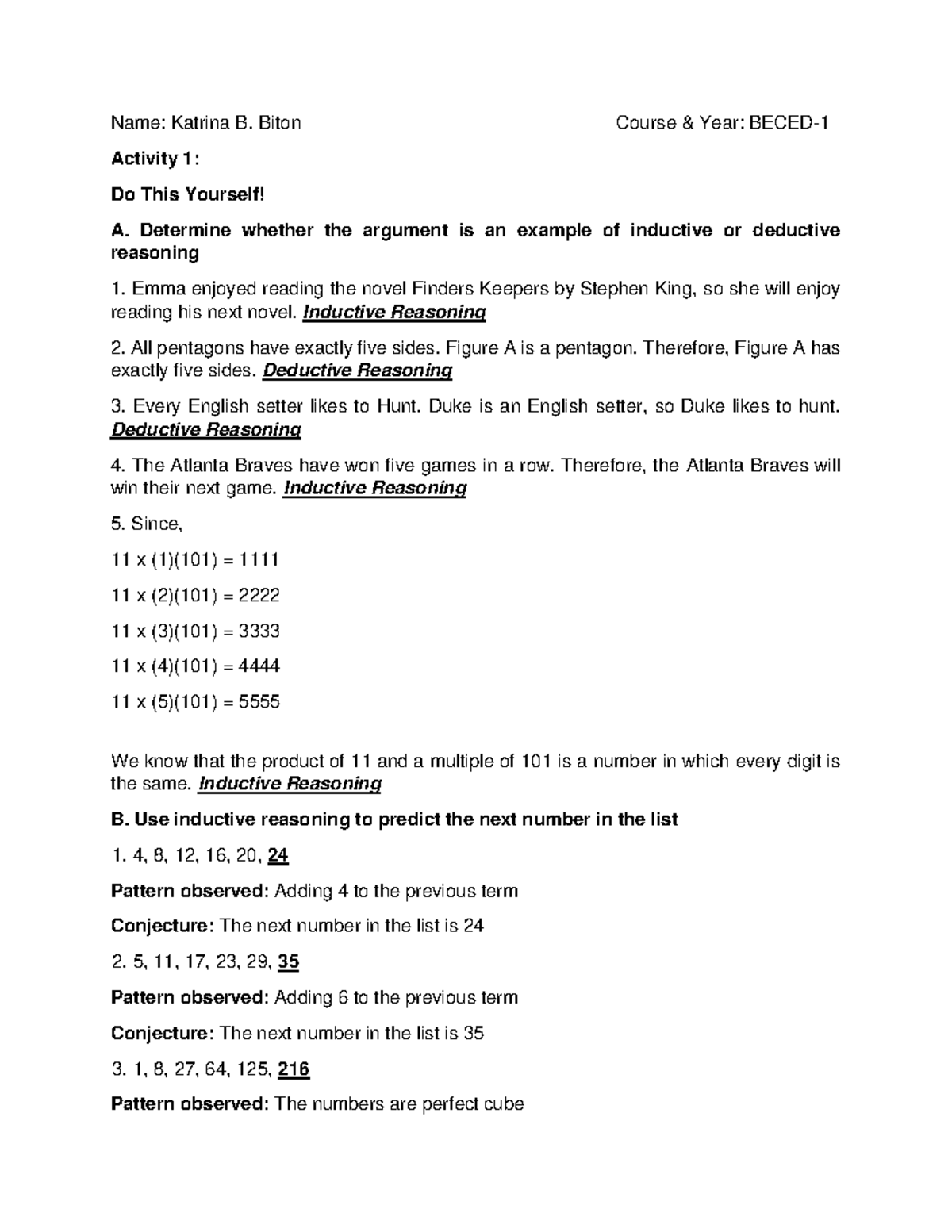 Mathematics In The Modern World—inductive And Deductive Reasoning Activity 1 Name Katrina B 2854